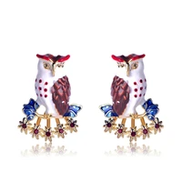 oi kawaii owl shape enamel drop earrings red crystal bird ear jewelry women girls party accessories harajuku pendant earrings