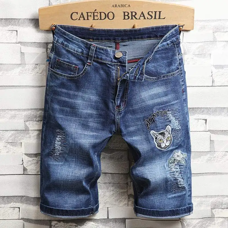 

Summer Men's Denim Shorts Embroidery Cotton Straight Short Jeans Men Blue Casual Shorts Fashion Casual Male Knee Length Clothing