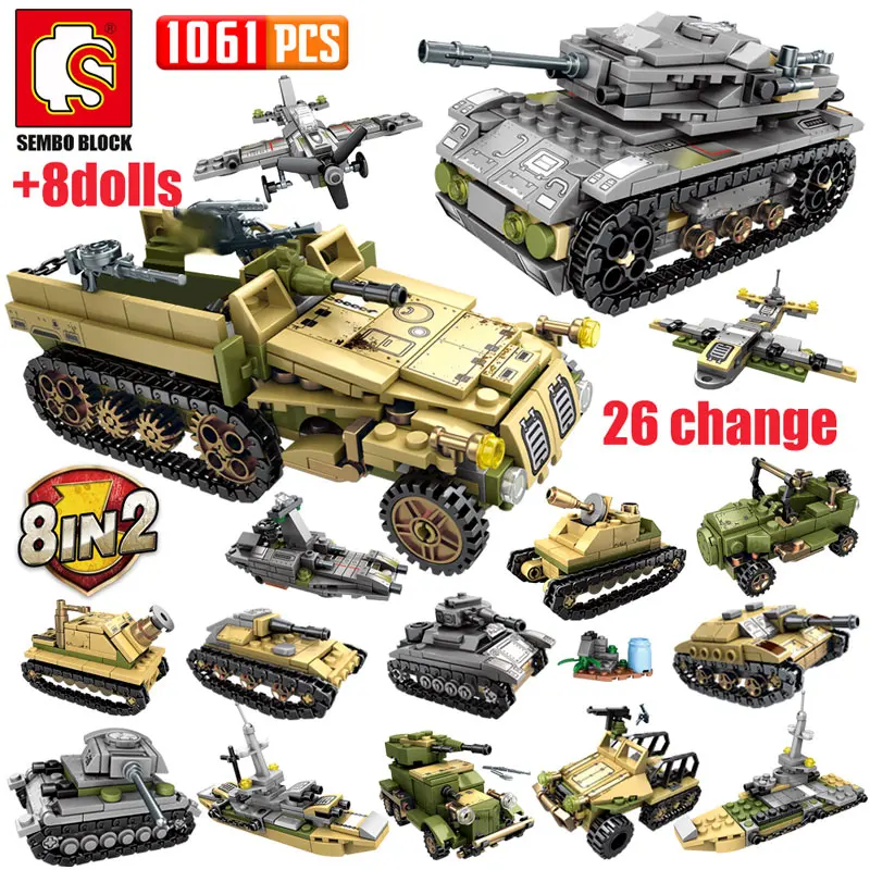 

SEMBO 1061Pcs WW2 Deformation War Chariot Building Blocks Military Electric Tank Army Soldiers Figures Bricks Toys for Boys