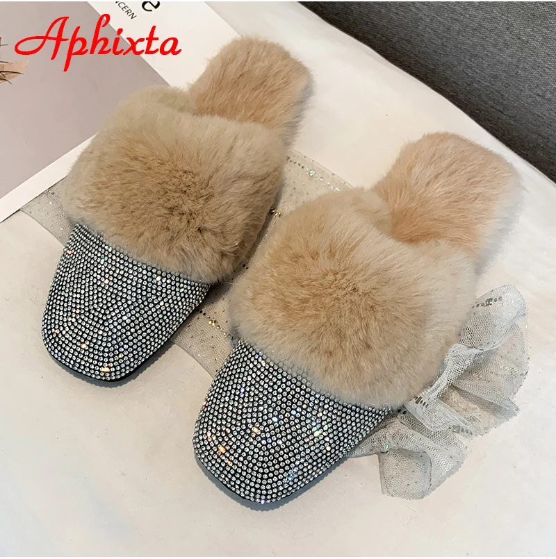 Aphixta/теплые зимние тапочки на натуральном меху; женские шлепанцы с украшением в виде кристаллов; женские пушистые тапочки; женская обувь на плоской подошве с кроличьим мехом