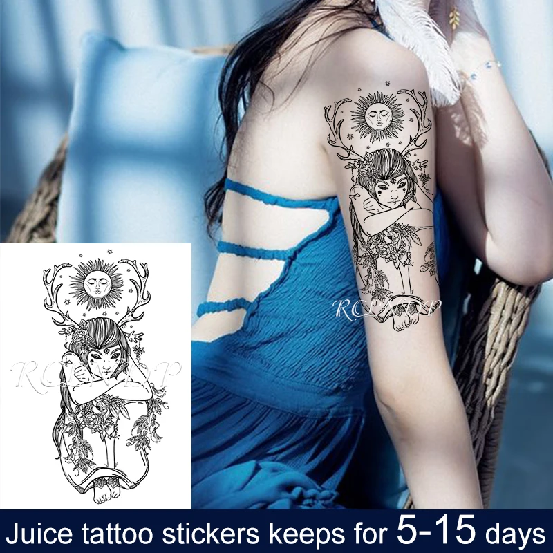 Waterproof Temporary Juice ink Sticker Sun Goddess Planet Plant Fruit Gel Long lasting Tattoo Art for Men Women girl | Красота и