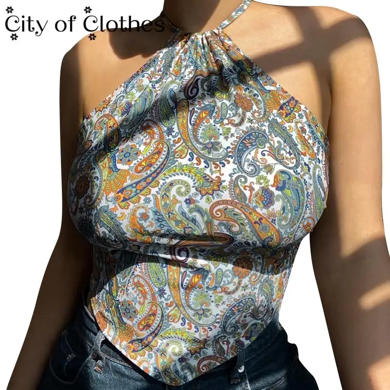 

2021 Bohemian Lace Halter Sleeveless Camisole Crop Top Print Criss Backless Sexy Fashion Summer Cropped Top Women New Streetwear