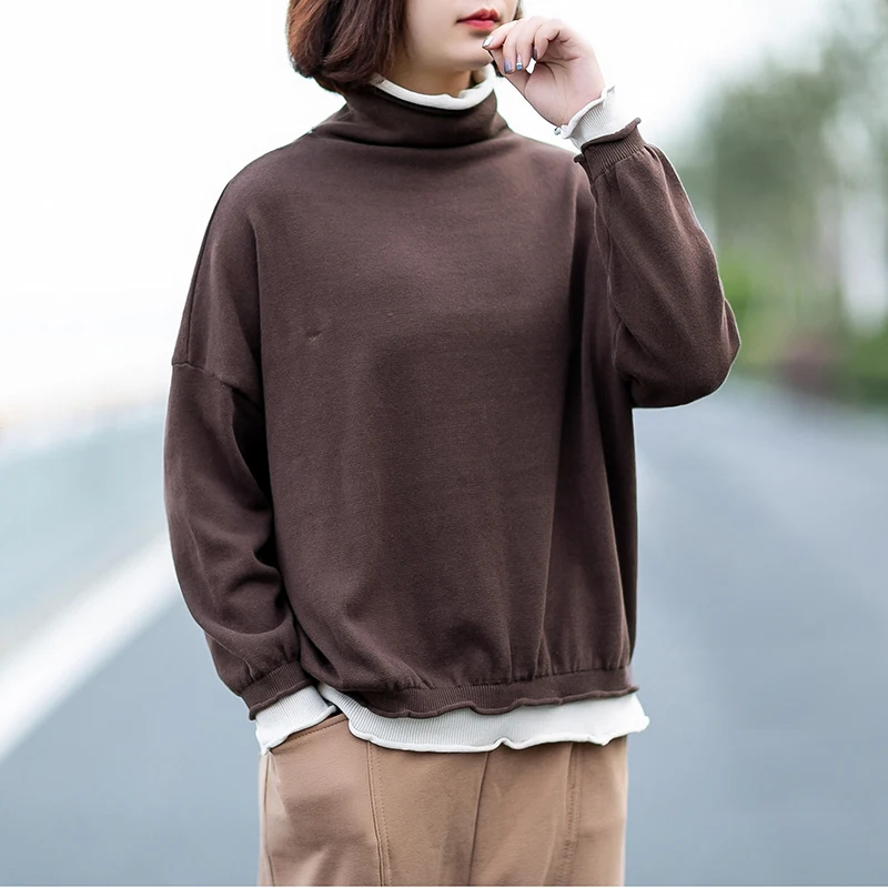 Johnature 2020 Autumn Winter Casual Fake Two Pieces Turtleneck Knitted Sweater Women Simple Long Sleeve Pullover Sweaters | Женская
