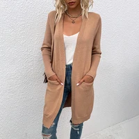 loose sweater women autumnwinter 2021 v neck mid length solid color pocket knitted cardigan jacket