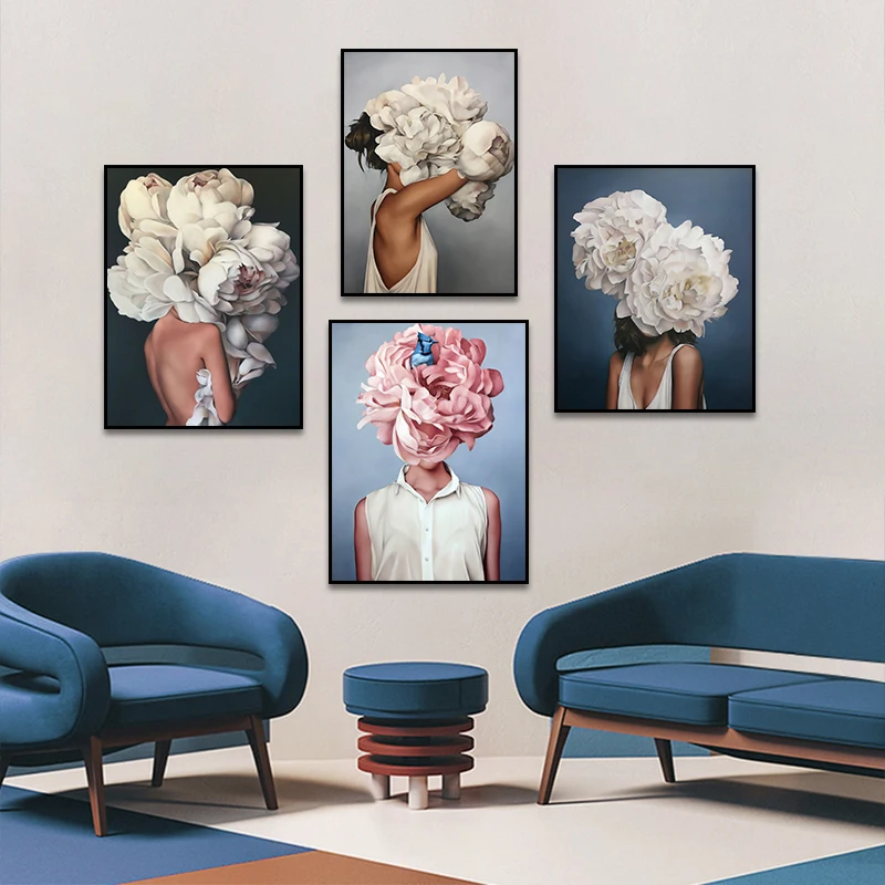 

Flowers Feathers Woman Canvas Interior Paintings Print Modern Aesthetic Wall Art Posters Pictures Living Room Decoration