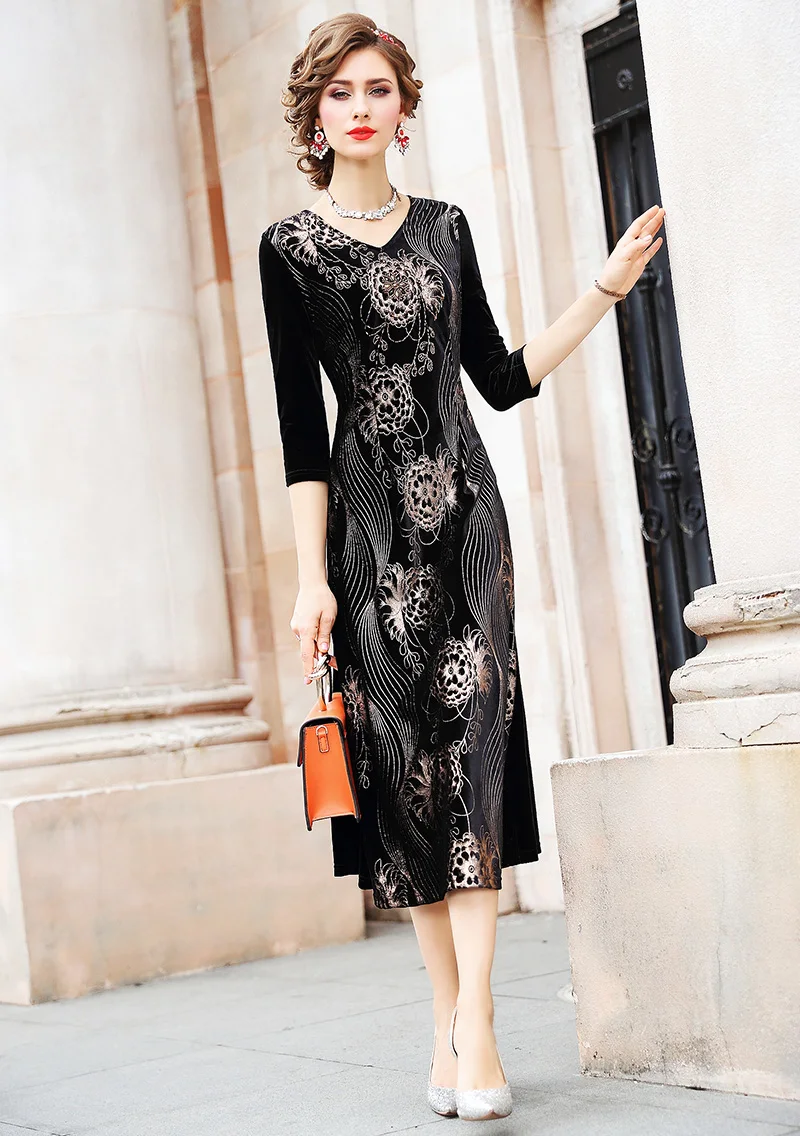 

ZUOMAN Women Winter Elegant Print Velvet Dress Female Vintage Party Robe High Quality Designer Cocktail Vestidos Plus Size 4XL