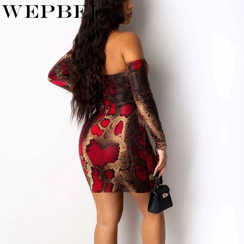 

WEPBEL Women Sexy Snake Print Strapless Pencil Dress Ladies Elegant Long Sleeve Off Shoulder Halter High Waist Bodycon Dress