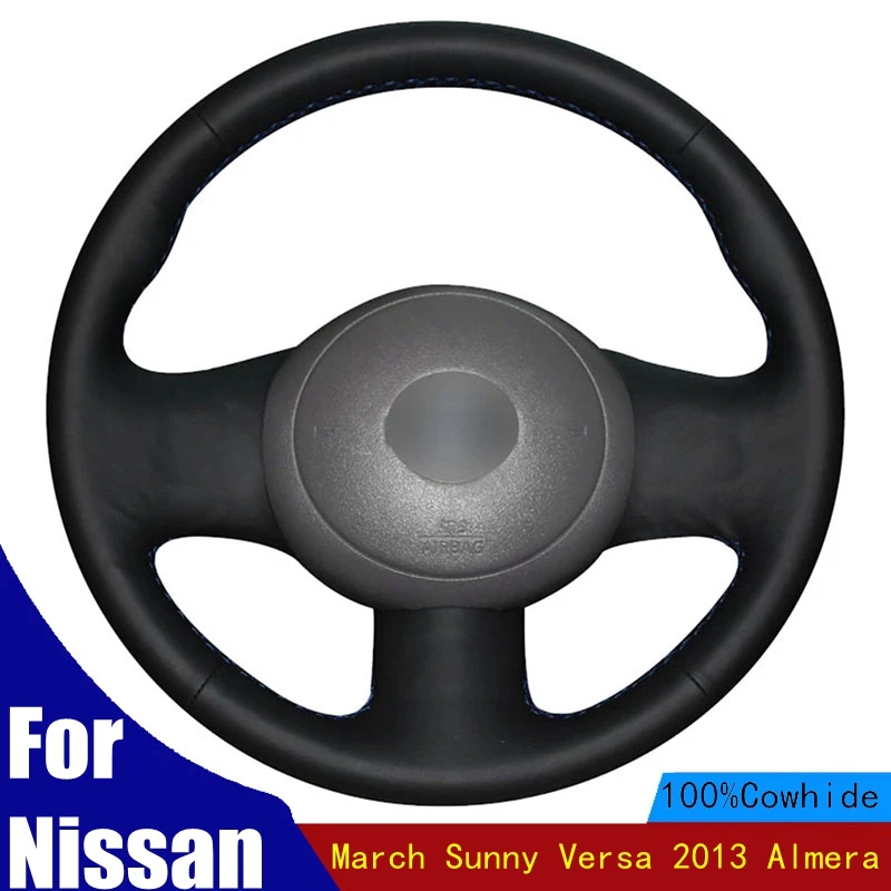 

Hand-stitched Car Steering Wheel Cover Black Genuine Leather For Nissan March Sunny Versa 2013 Almera Accessories