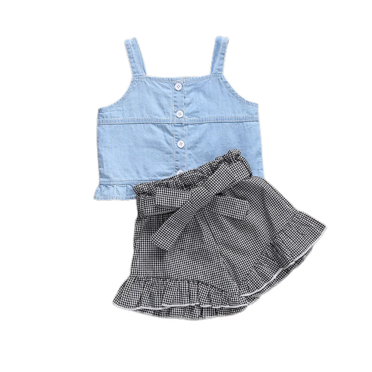 Блузка в клетку для маленьких девочек джинсовый костюм с шортами без рукавов