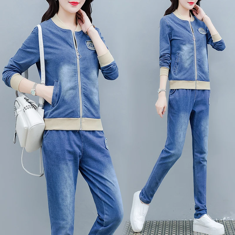 Женский джинсовый костюм из двух предметов повседневный большого размера весна