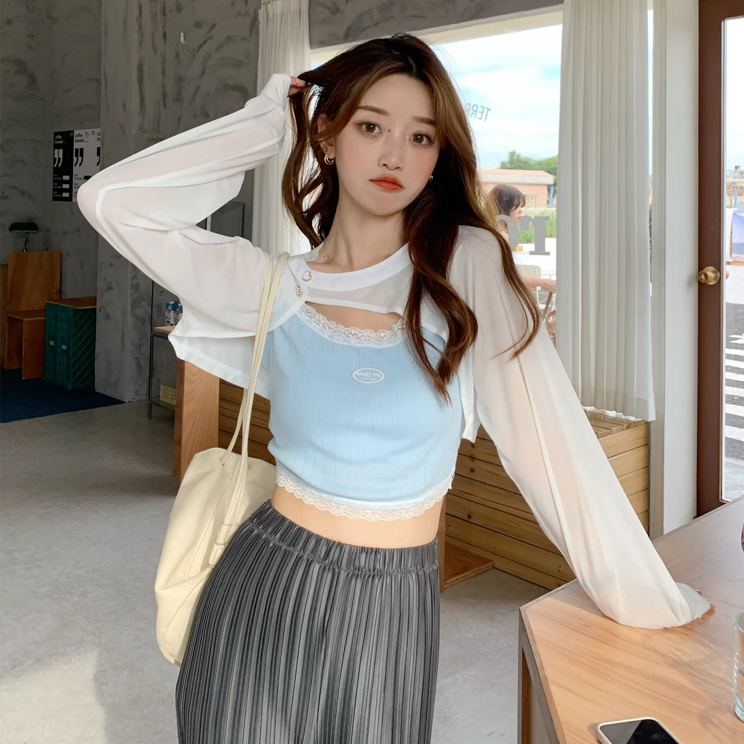 

~ 8807 # half long sleeve is prevented bask in smock + design feeling hanging neck lace condole belt pure to suit