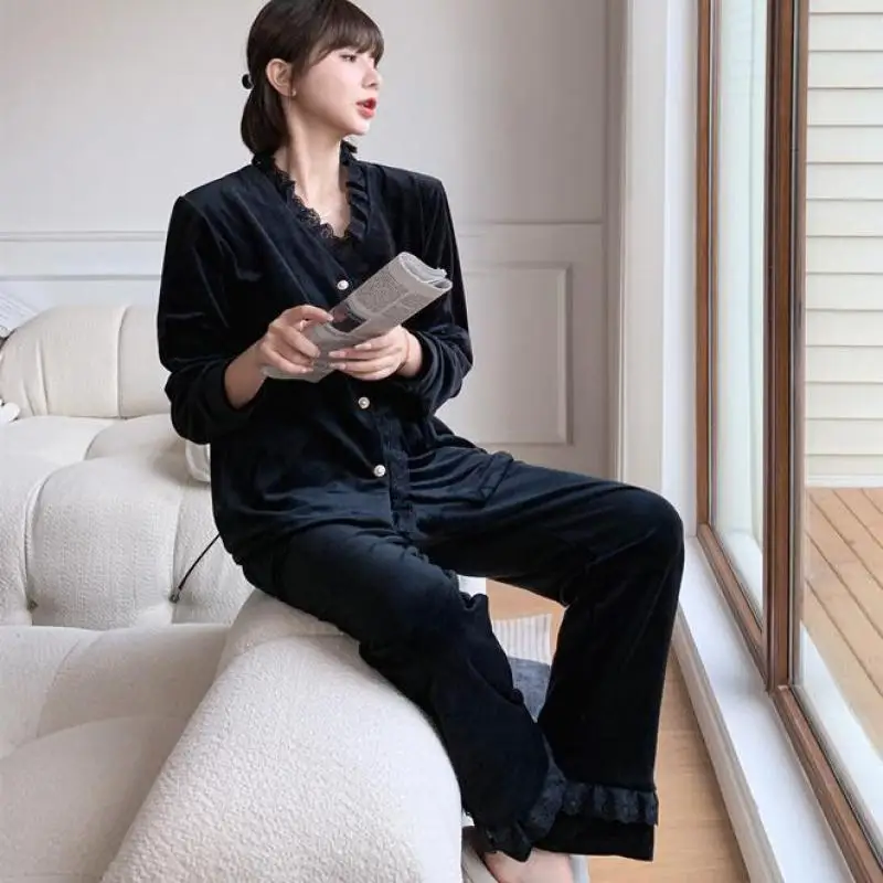 

Лоскутный кружевной коралловый флисовый комплект для сна, женская черная теплая Домашняя одежда с длинным рукавом, интимное нижнее белье, П...