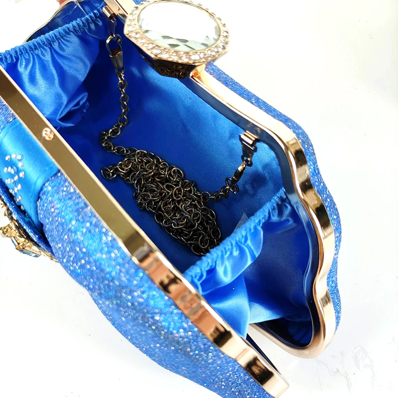 

2021 Lastest Italian design Unique Style Noble Luxury Sky Blue Color Ladies Shoes and Bag Set Decorated With Crystal for Party