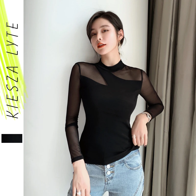 Новинка весны 2020 модная прозрачная футболка женская черная Лоскутная с длинным