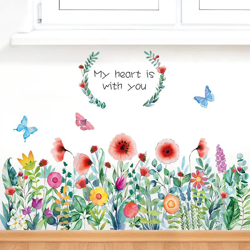 

Flowers Skirting Line Wall Stickers Butterflies Kitchen Bathroom Waterproof Sticker Home Decoration Art Bedroom Decor Aesthetic