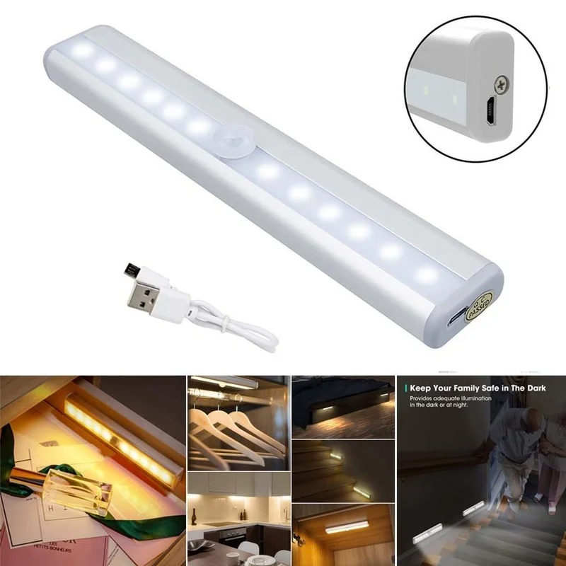 

USB Rechargeable 10 LED Lights PIR Motion Sensor Lamp Cabinet Light Under Counter Closet Lighting Magnetic Stick-on Night Light