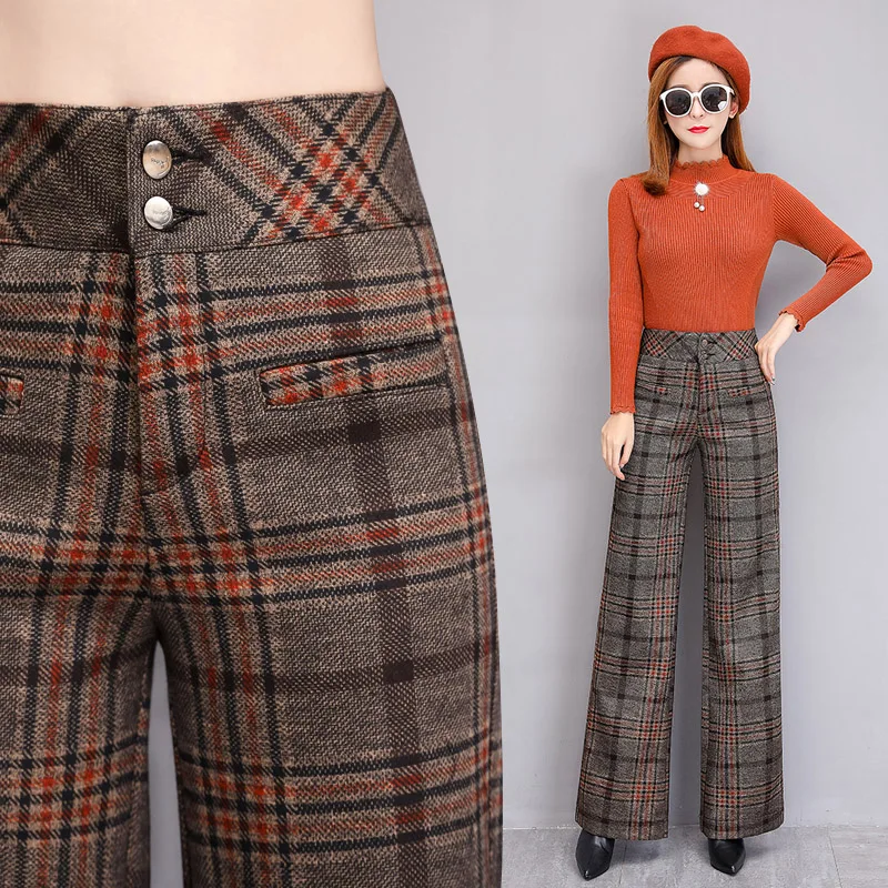 Брюки женские Клетчатые Шерстяные с широкими штанинами брюки зимние клетчатые