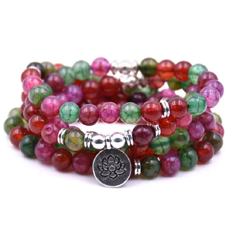 

Bright Natural Colorful Onyx Energy Stone 108 Mala Bracelet or Necklace with Lotus Charm Beaded Bracelet For Women Yoga Prayer