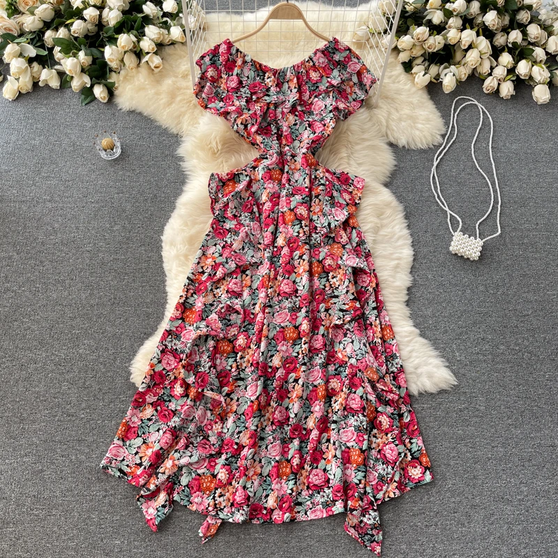 

Summer Sexy Chiffon Floral Boho Beach Long Dress Women Ruffle A-Line Off Shoulder Elegant Vintage Party Vestido