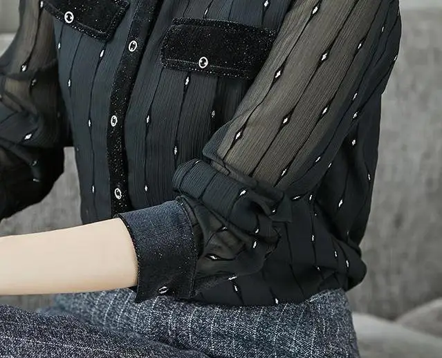 Женские шифоновые блузки и топы в полоску с карманами стиле пэчворк женские