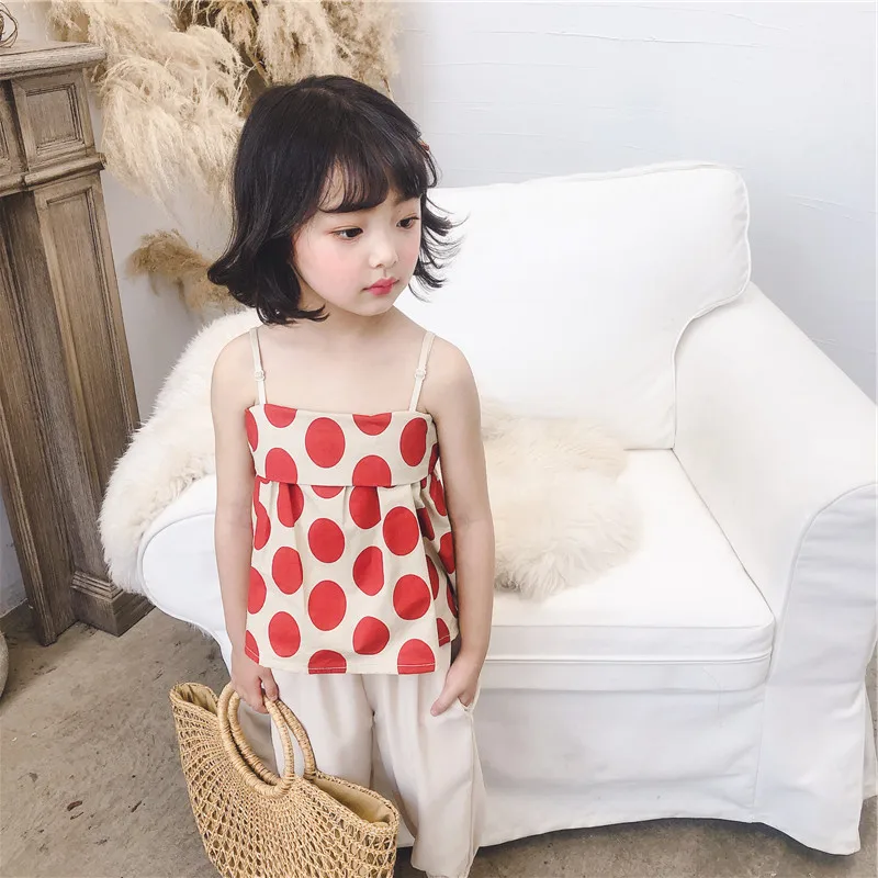 2Colours Children Summer Outfits 2020 Kids 2pieces Tracksuit Dot Sling Top+Pants Girls Clothing Sets Baby Girl Clothes Set | Детская