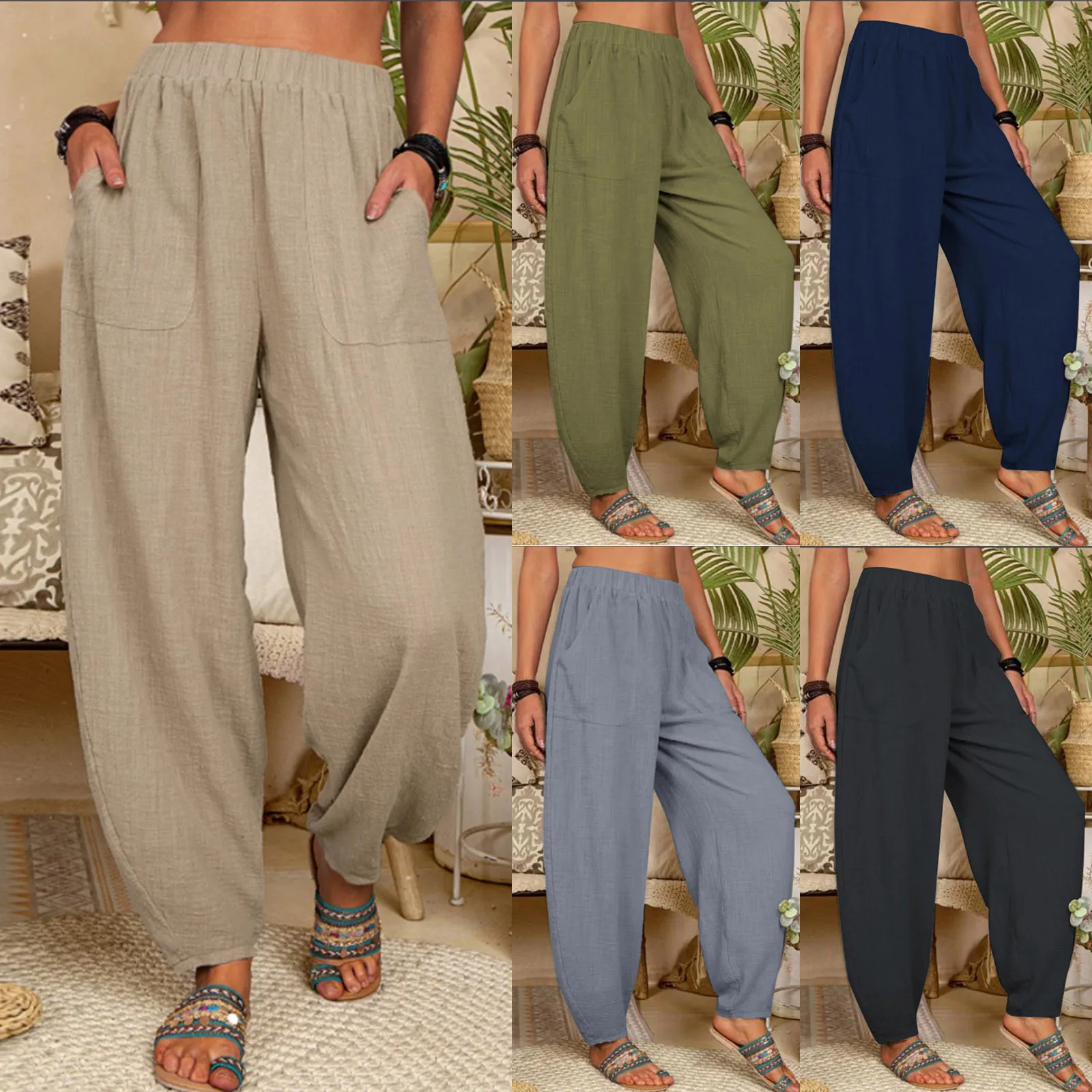 

Wide Leg Harem Pants Trousers 2021 Chinese Style Women Ethnic Vintage Patchwork Elastic Waist Loose Long Harem Pants
