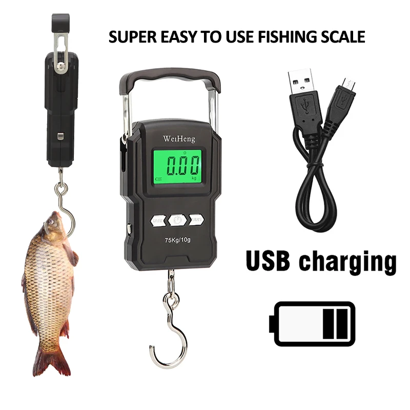 

75Kg/10g USB Charging Electronic Weighing Scale LCD Digital Hanging Hook Fishing Scale with 1M Measuring Tape for Fishing Travel