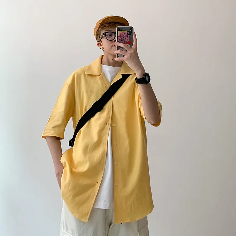 

2020 Summer New Youth Popular Men's Loose Solid Color Five-point Sleeve Shirt Fashion Casual Single-breasted Shirt M-2XL
