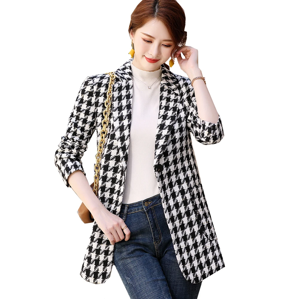 

Женский блейзер на одной пуговице, черная или коричневая клетчатая куртка, 2021