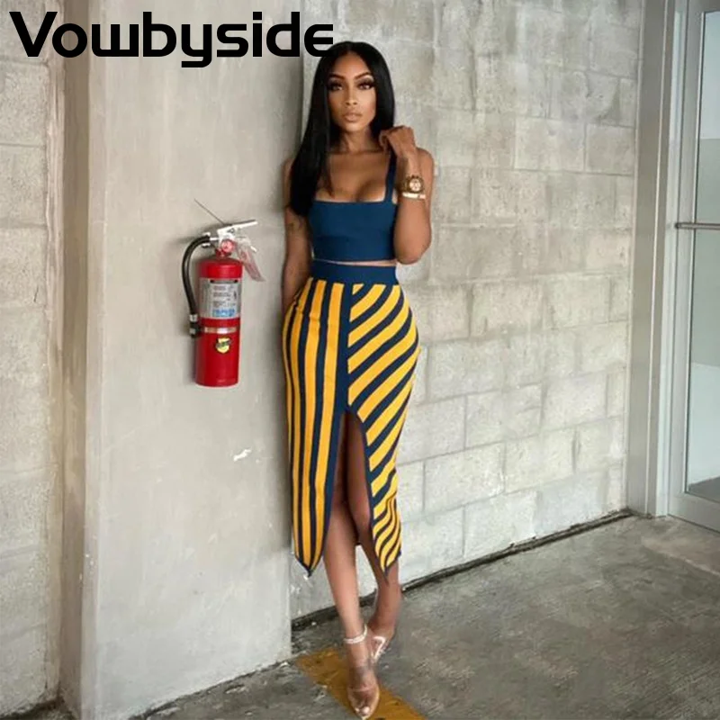 

Summer New Style Casual Women's Spaghetti Strap Top and Skirt Suit Striped Printing Dress Sets