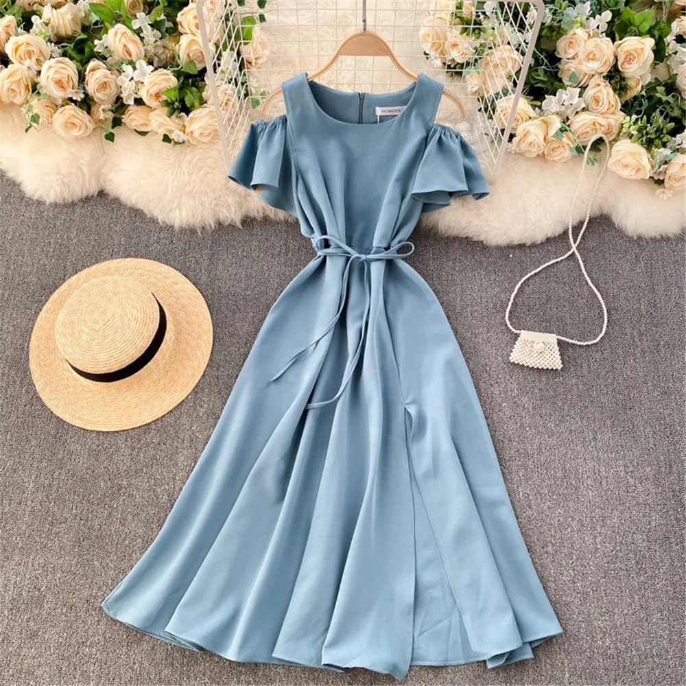

Women Summer Red Dress 2021 O Neck One Shoulder Bandage High Waist French Fashion Casual Beach Holiday Dresses Female Clothes