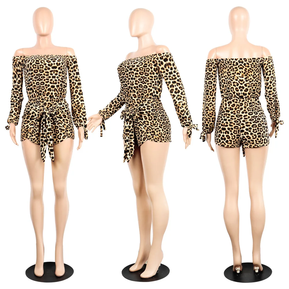 

Sexy Slash Neck Off Shoulder Womens Playsuit Romper Long Sleeve Bandage Sexy Jumpsuit Leopard Print Playsuit for Women