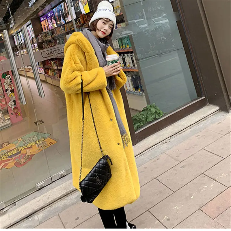 Winter Women Faux Rabbit Fur Coat Hooded Luxury Long Fur Coat Thick Warm Fluffy Jacket Plus Size Femme Plush OverCoat Teddy Coat
