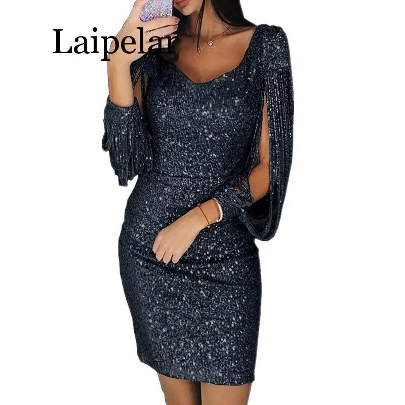 

2020 Ladies Fashion Polyester Sheath Sequined Long Sleeve V-Neck Sexy Nightclub Above Knee Mini Women Dresses Evening Party