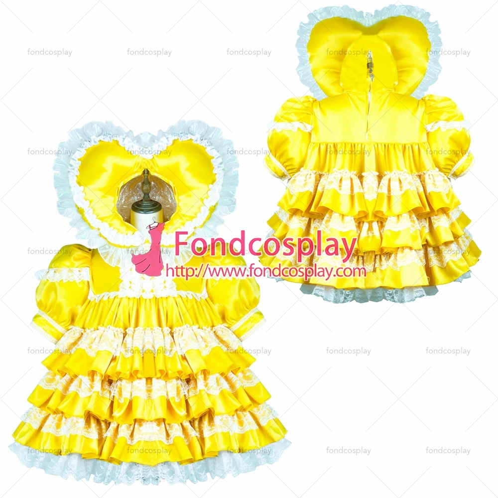 fondcosplay adult sexy cross dressing sissy maid short yellow satin dress lockable Uniform Heart hood Tailor-made[G3703] |