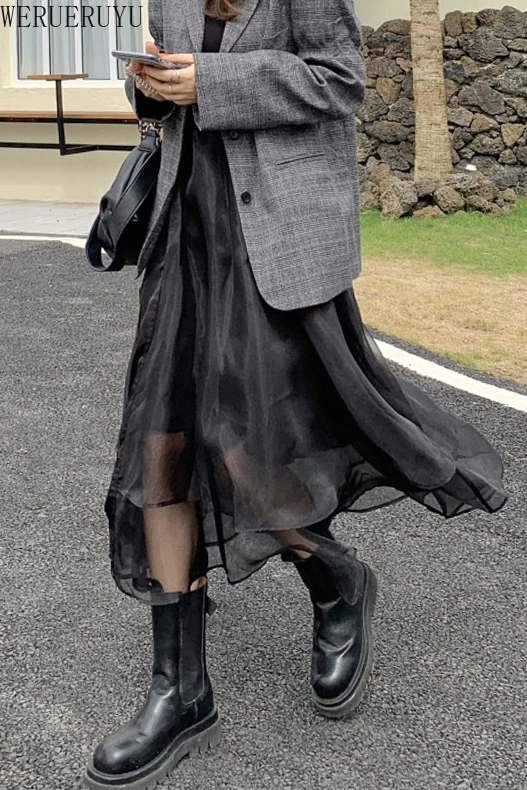 

WERUERUYU vintage skirts women Elastic High Waist tulle mesh Petticoat Pleated skirt women