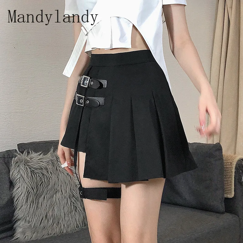 

Mandylandy Women Pleated Mini Skirt Asymmetric Irregular Short Dress Split Gothic Punk Harajuku Clubwear Casual Fashion Skirt