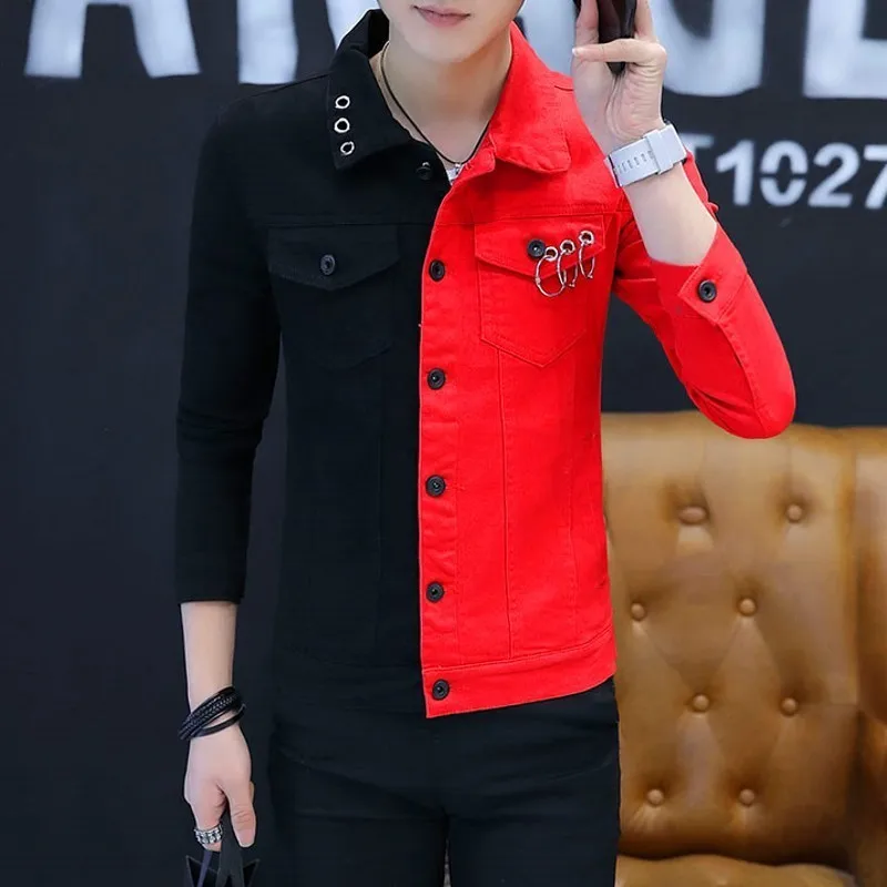 Spring Autumn Personality Mixed Colors Male Denim Jackets Fashion Long Sleeve Punk Style Night Show Wear Slim Casual Mens Coats | Мужская