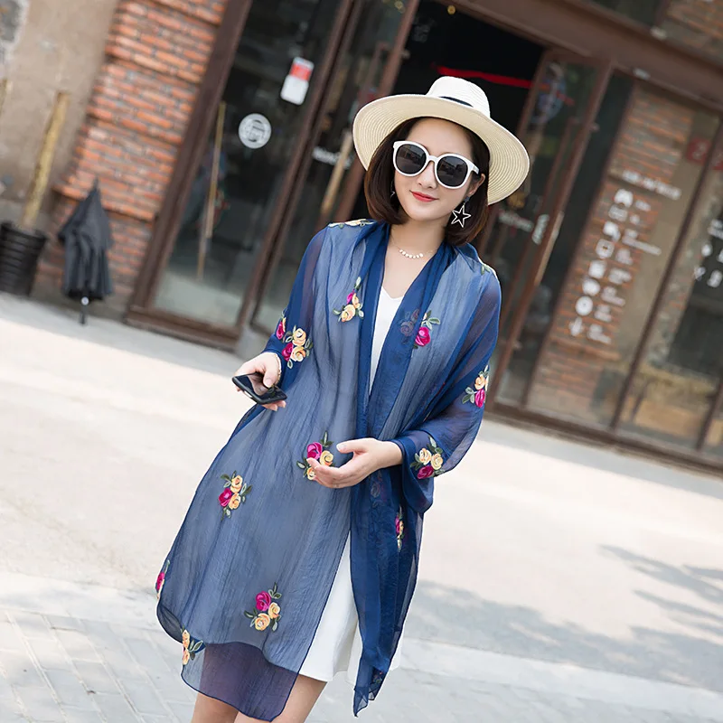 Женский шифоновый шарф с вышитыми розами Солнцезащитная шаль в национальном