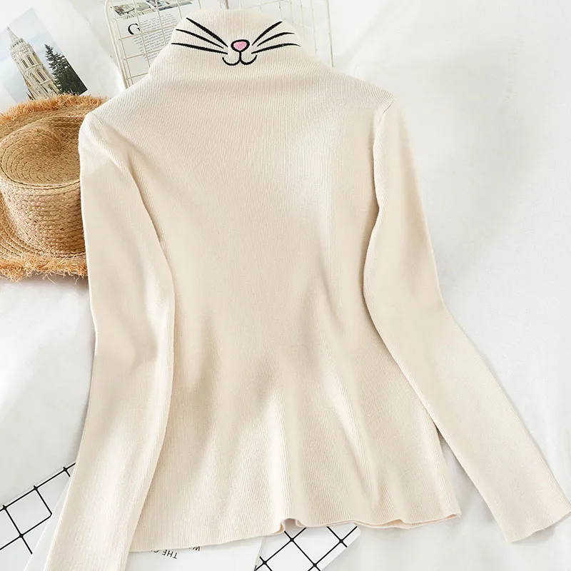 Gaganight Embroidery Cute Cat Girls Basic Sweater Women Long Sleeve Turtleneck Sweaters Female Sweet Pullover Autumn Winter Chic | Женская