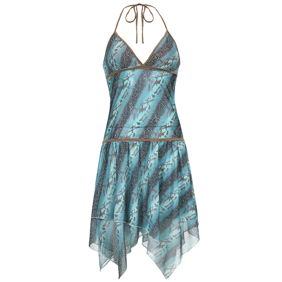 

XBUEN Women Chiffon Printed Halter Dresses Sexy Irregular Ruffle Summer Sundresses Female Suspender Skirt 2021 Holiday Beachwear