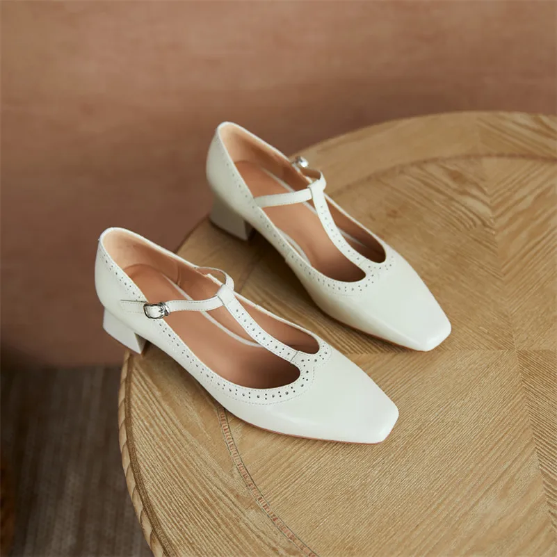 

Meotina Cow Leather Mid Heel Shoes Women T-Strap Square Toe Pumps Block Heels Buckle Strap Shoes Ladies Dress Footwear Beige 40