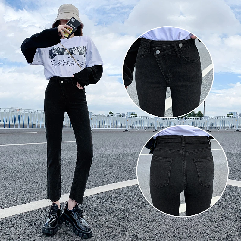 

Осенние Прямые хлопковые эластичные джинсы с высокой талией, женские нестандартные дымчатые брюки-трубы длиной до щиколотки с скошенной пр...