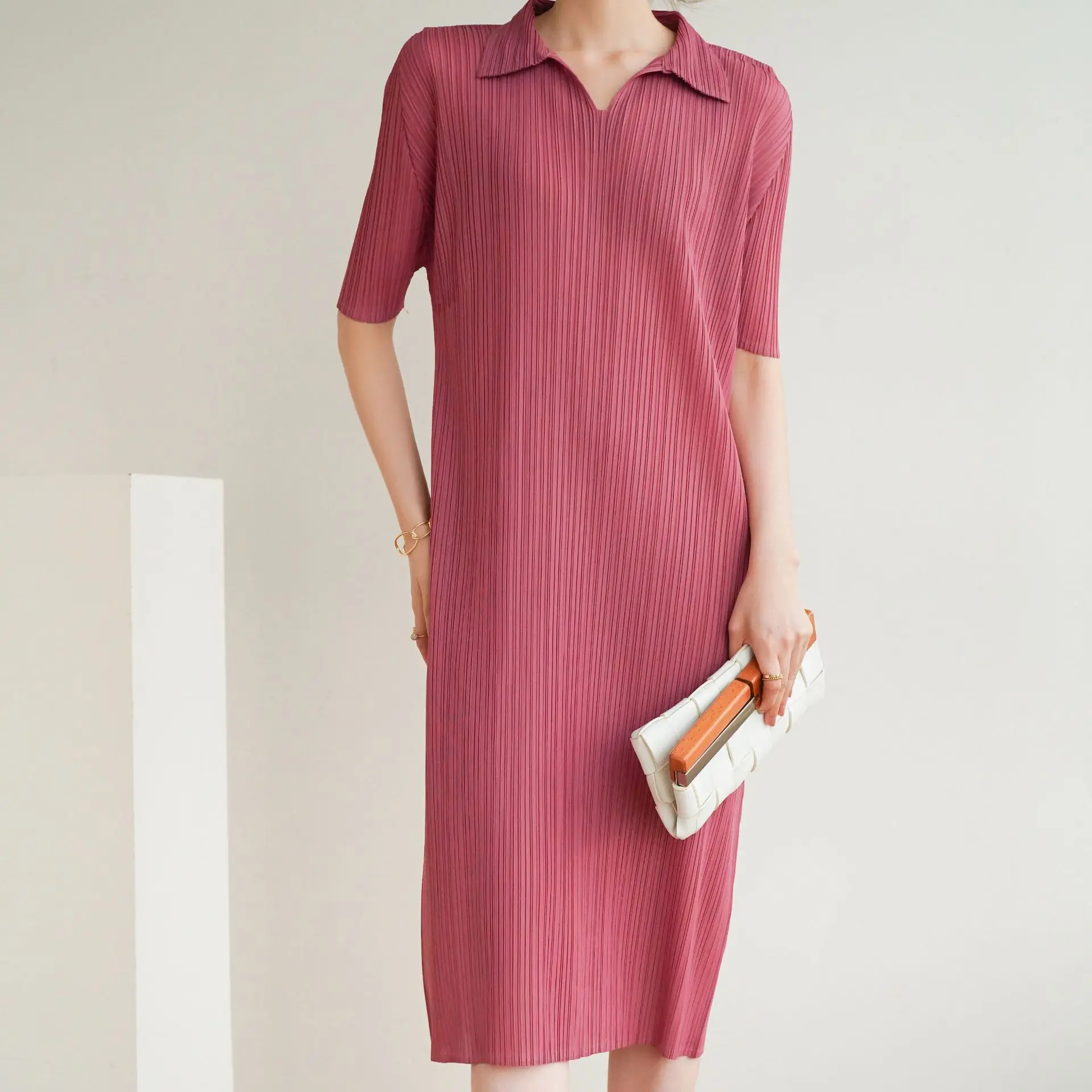 

2021 new summer short sleeve dress for women Miyak fold Fashion large size commuter mid-length Polo collar solid color dress