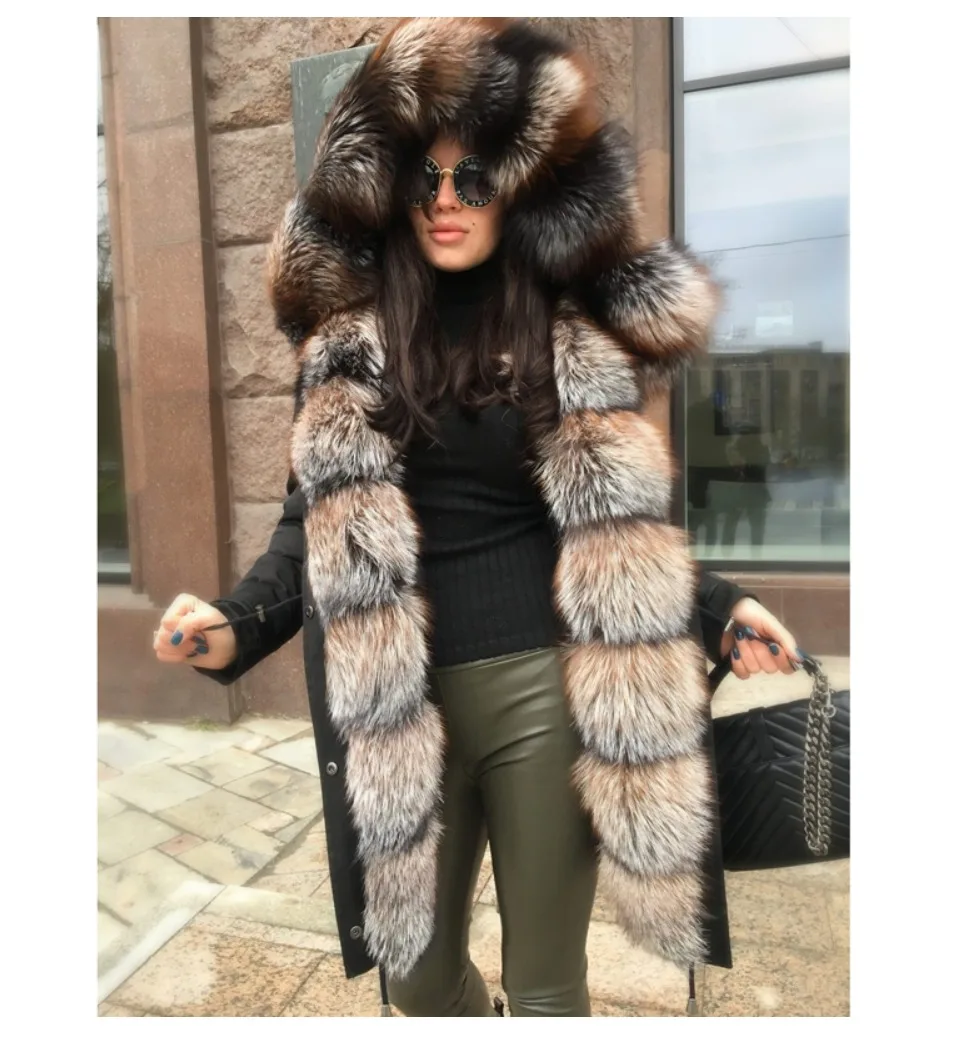 CKMORLS Новая женская парка из натурального меха, зимняя куртка с натуральным лисьим меховым воротником, черная верхняя одежда, толстые теплые пальто, свободные длинные куртки