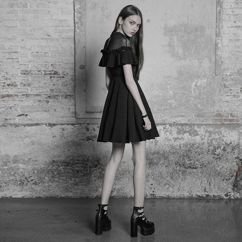 Женское тонкое платье в стиле панк темно синее трапециевидной формы разобранном