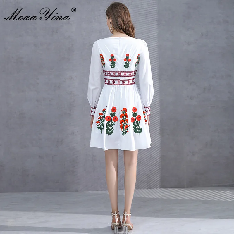 

MoaaYina Fashion Designer dress Spring Women's Dress Square Collar Lantern Sleeve Flowers Embroidery Vacation Elegant Dresses