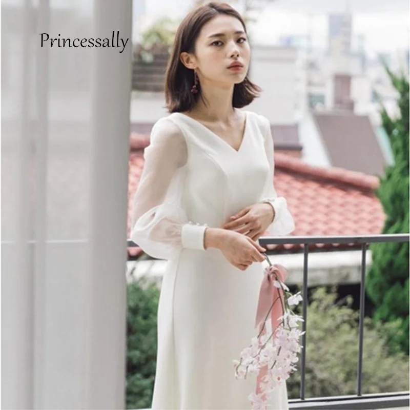 Новые Простые Свадебное Платье Иллюзия одежда с длинным рукавом V образным