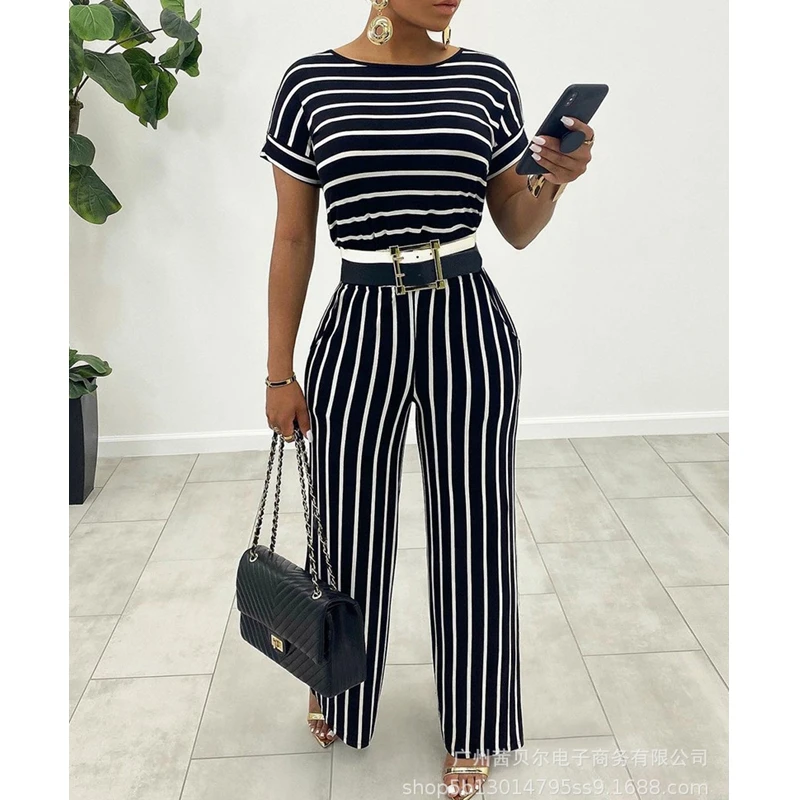 

WEPBEL Striped Print Jumpsuits Women's Casual Jumpsuits Summer Slim O-Neck Short Sleeve High Waist Straight Jumpsuits