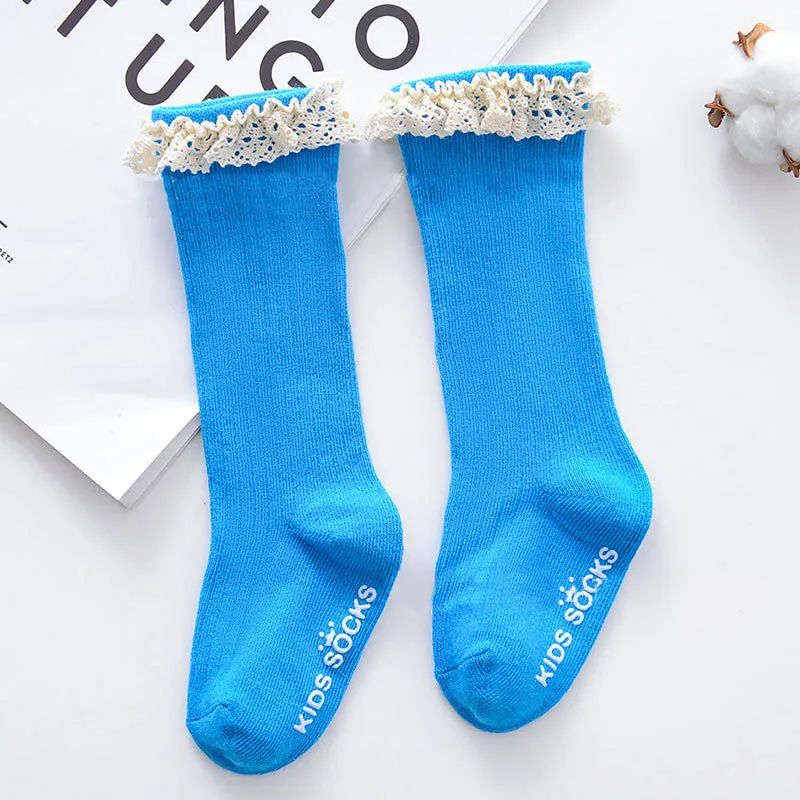lace blue Теплые зимние кружевные Хлопковые гольфы для малышей рождественские нескользящие носки для малышей домашние тапочки гетры для мальчиков и девочек, длинные носки - Цвет: lace blue
